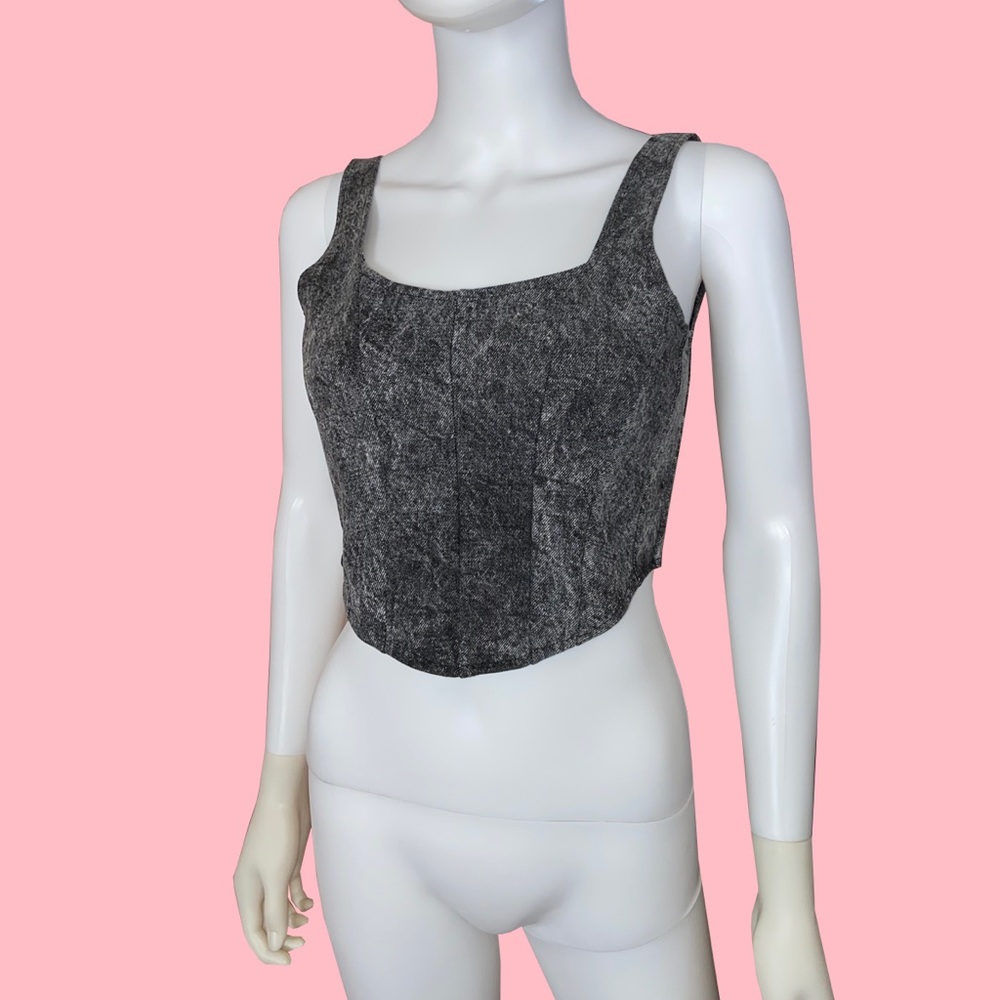 Reworked Grey Denim Acid Wash Corset Top